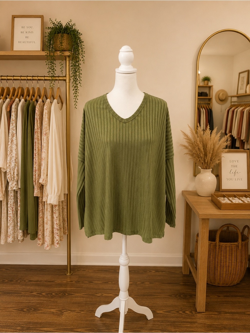 White Birch Olive Green Ribbed Long Sleeve Side Slit Top S Oversized